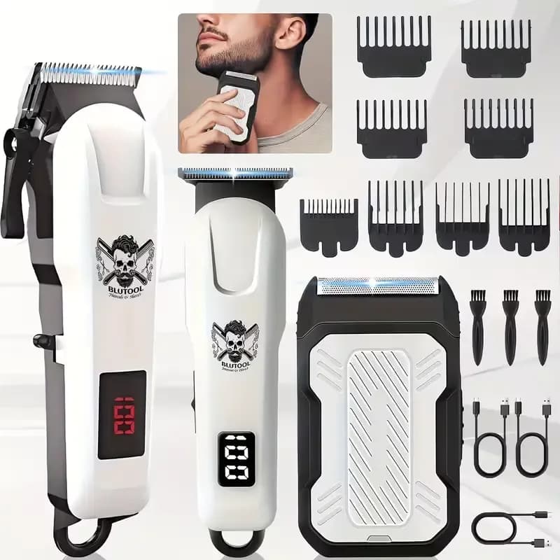 Professional 3-Piece Barber Kit for Men – White Color – 2 Hair Clippers and Electric Shaver