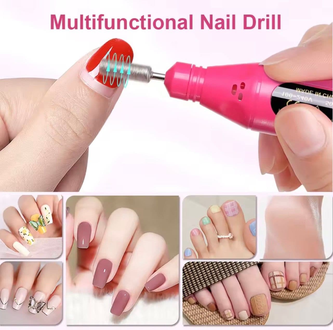 Lixa Elétrica Portátil para Unhas, Kit de Manicure e Pedicure para Unhas Naturais e Postiças, Rosa