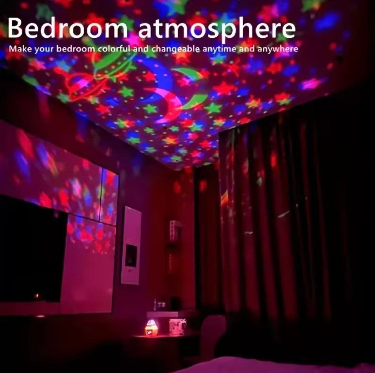 1 paquete de mercancía envuelto en burbuja y 1 caja de luz LED Q6 Star Light, color azul/morado con diseño multicolor, caja de cartón impresa
