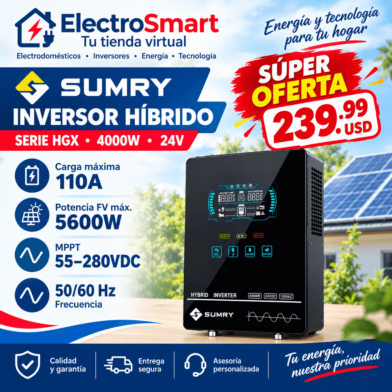 Inversor Híbrido SUMRY HGX 4000W 24V con Cargador MPPT 110A – Súper Oferta 239.99 USD | ElectroSmart