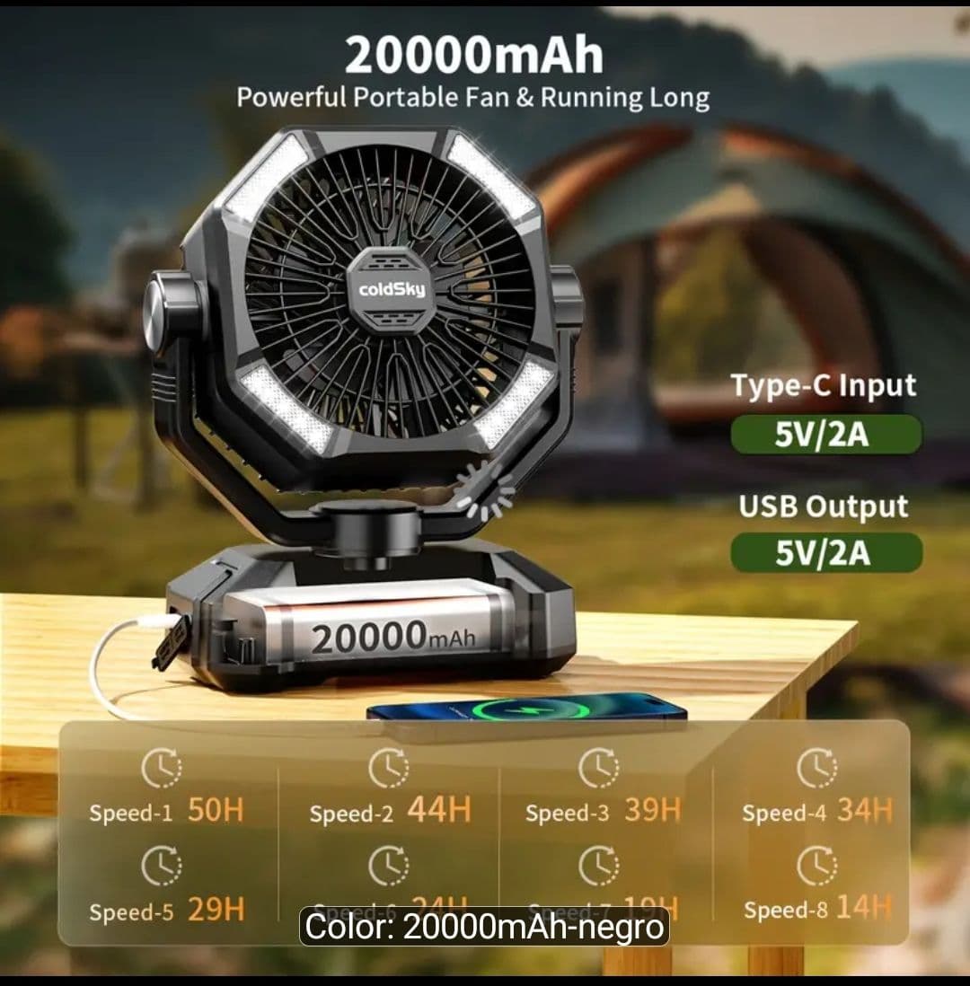 2x Ventilador Portátil ColdSky 20000mAh con 4 Luces LED, Control Remoto y 8 Velocidades. (2 Pack)