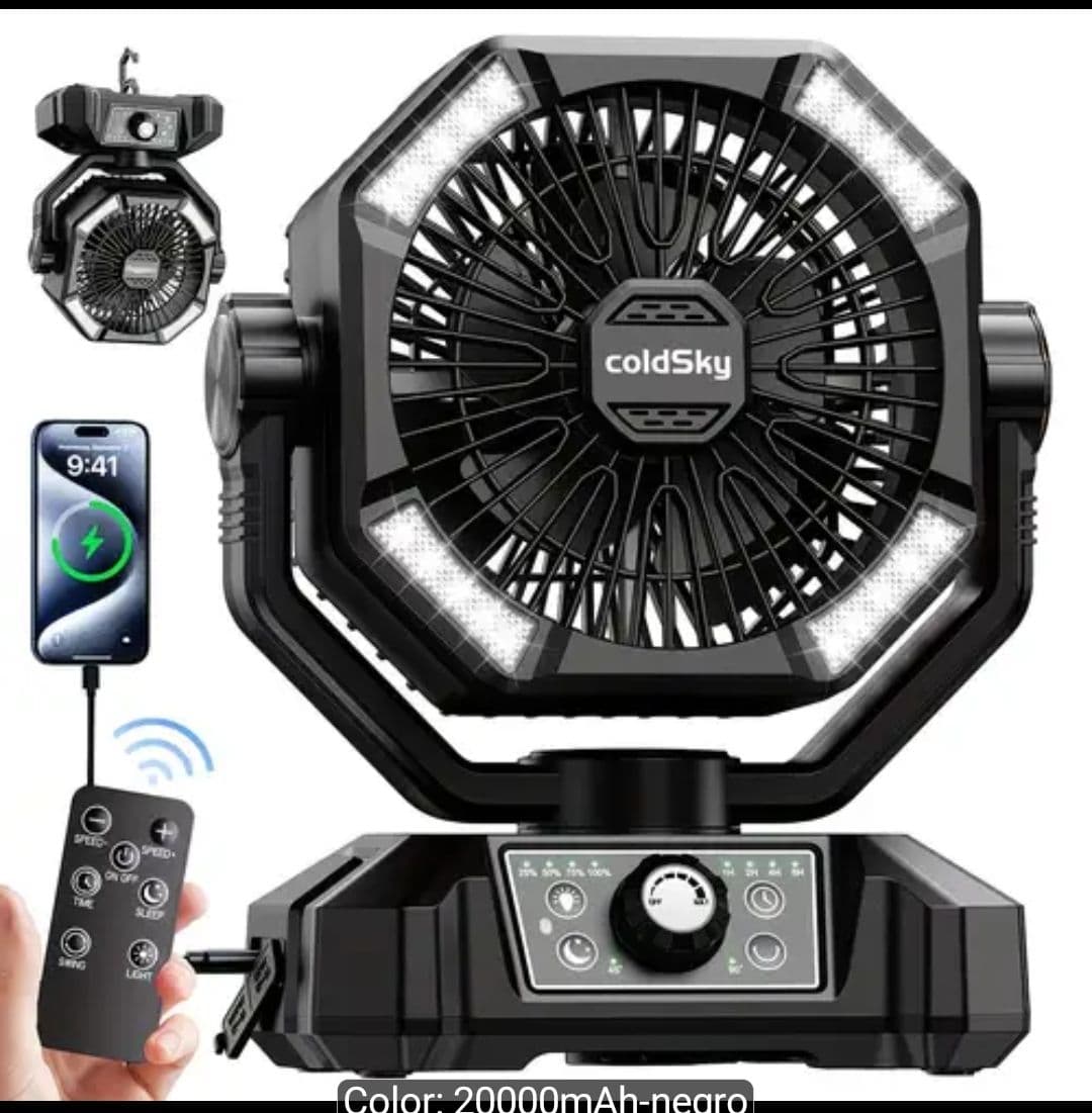2x Ventilador Portátil ColdSky 20000mAh con 4 Luces LED, Control Remoto y 8 Velocidades. (2 Pack)