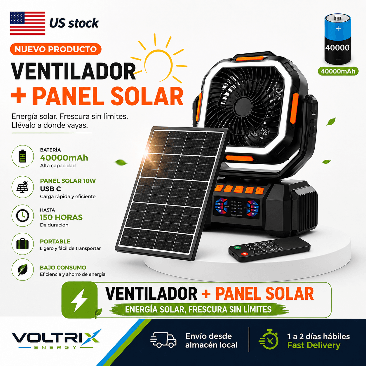 40,000mAh | Portable Fan with LED, Solar Panel & Remote Control