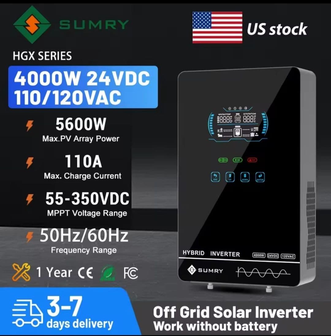 Inversor Híbrido Solar SUMRY 4000W 24V a 110V/120V Onda Senoidal Pura MPPT 150A. Modelo HGX (110V) 4KW