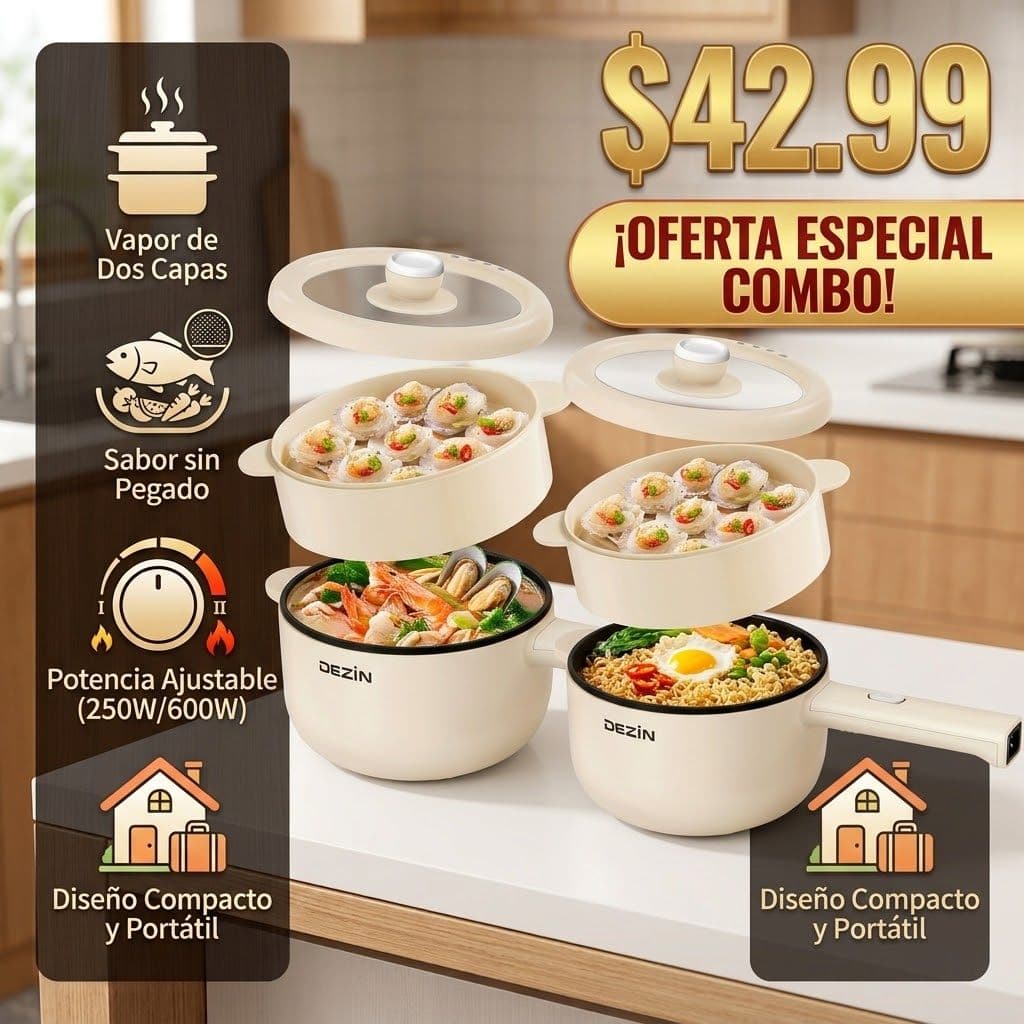 X2 combo de Sartén y Olla Eléctrica 2L con Vaporera | Antiadherente (250W/600W) – Ideal para Cocina Rápida y Espacios Pequeños