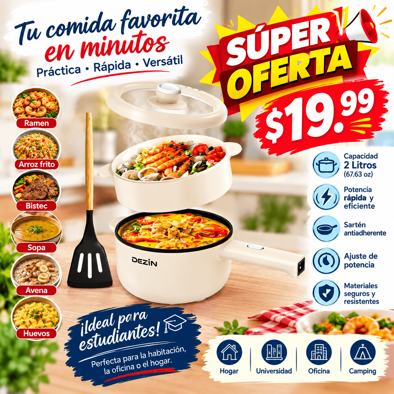 Olla eléctrica DEZIN, 2.0 L, 700 W, en caja de cartón color café con impresión del producto