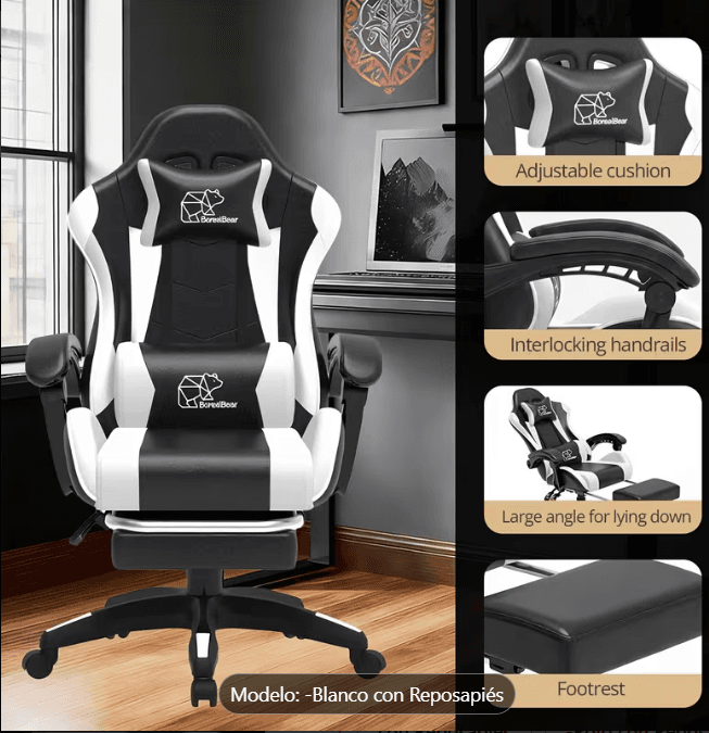 Caja de silla gaming BorealBear modelo US-GAC-77BW, color marrón de empaque, producto en caja original con ilustración del asiento ergonómico reclinable y apoyabrazos.