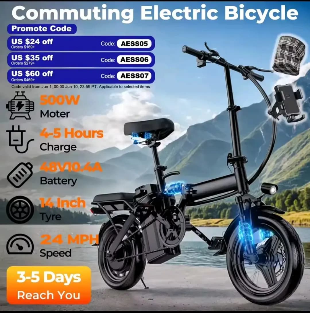 500W Folding Electric Bike 24 MPH with Removable 48V 10.4Ah Battery – 14" Wheels and Disc Brakes