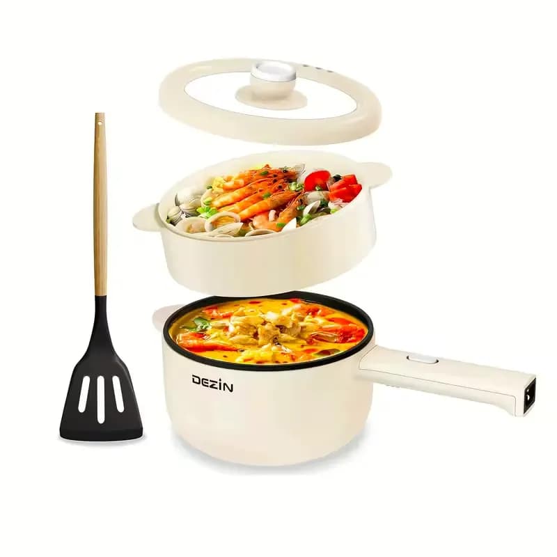 2-Pack DEZIN 2L Electric Cooking Pots with Steamer, Nonstick Coating and Adjustable Power – Beige