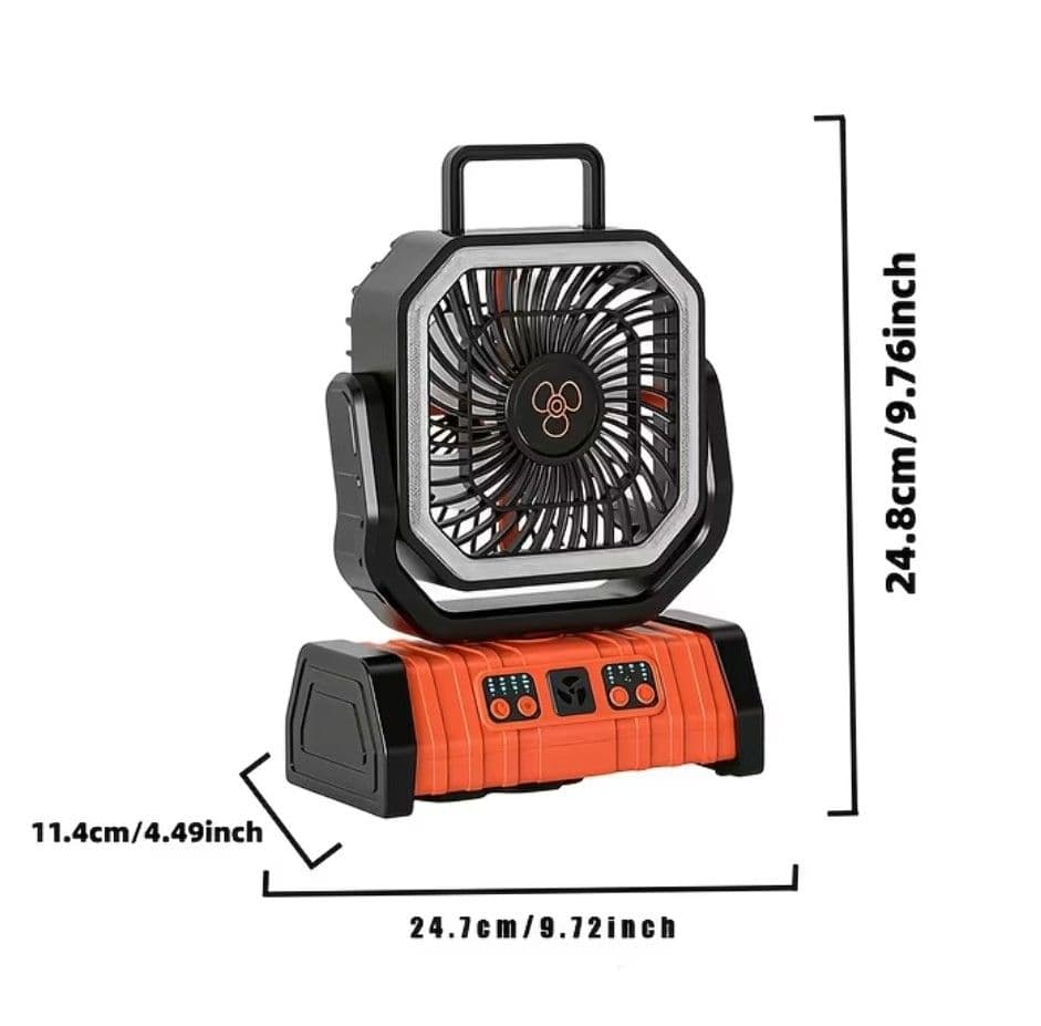 Ventiladores portátiles recargables de exterior modelo FX13 en cajas de cartón originales, color marrón, diseño compacto con asa y rejilla frontal