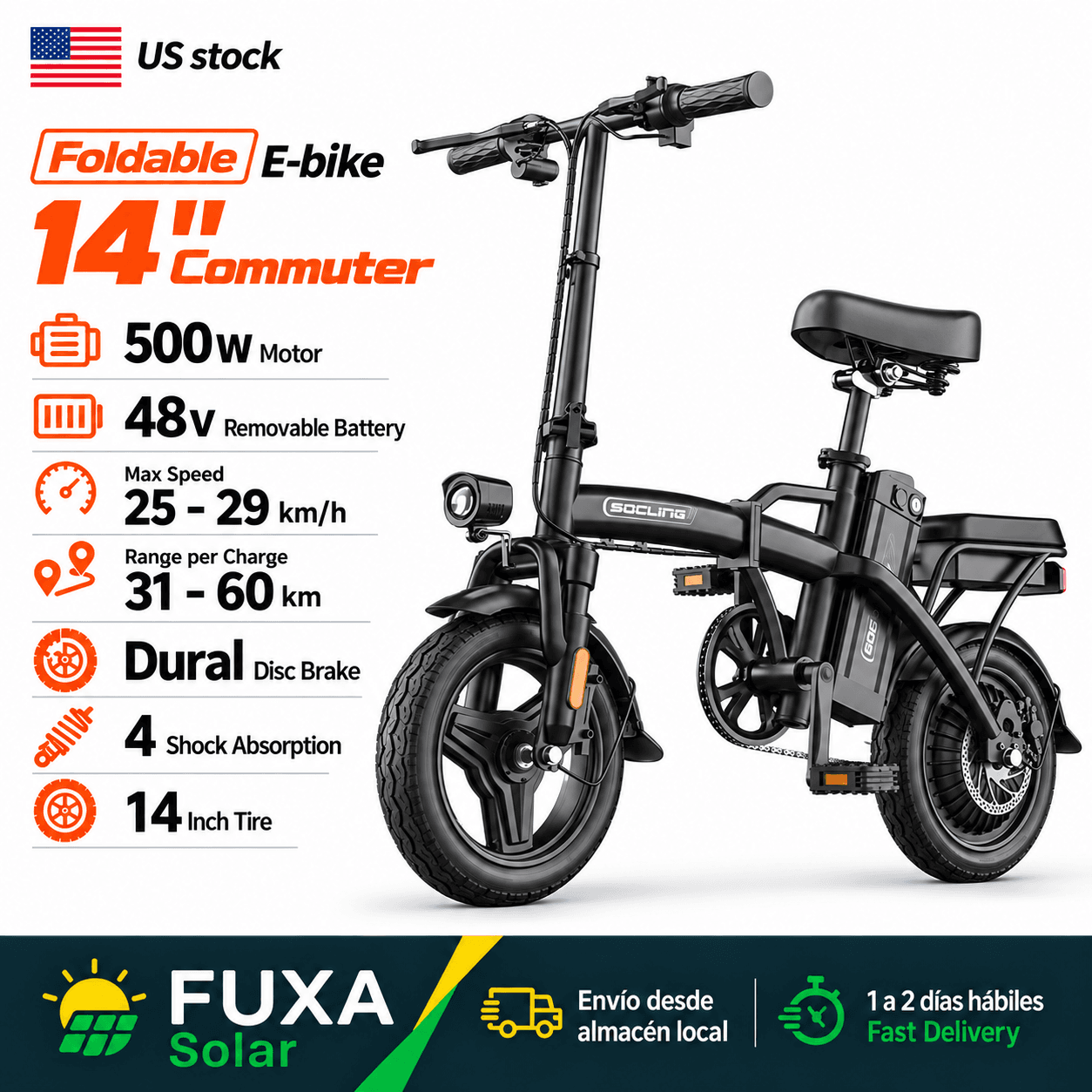 SOCLING Folding Electric Bike 500W, 48V Battery, 32 km/h