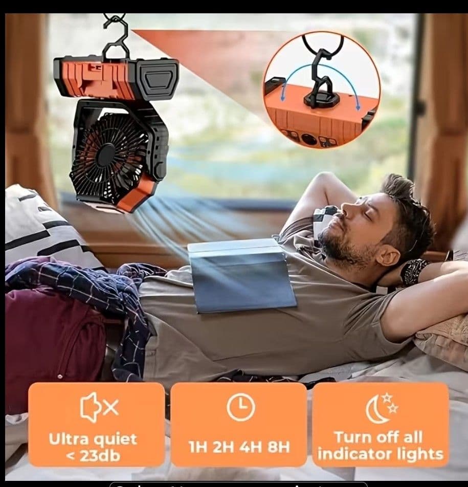 Ventiladores portátiles recargables de exterior modelo FX13 en cajas de cartón originales, color marrón, diseño compacto con asa y rejilla frontal