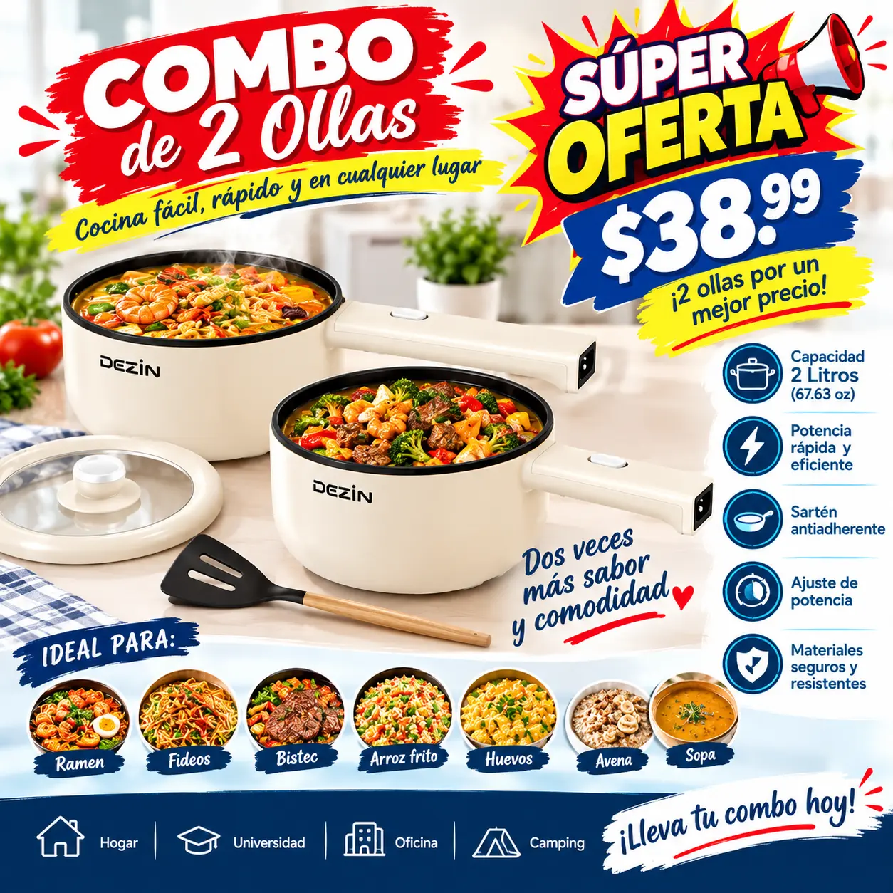 2 cajas de Olla eléctrica DEZIN, 2.0 L, 700 W, en caja de cartón color café con impresión del producto