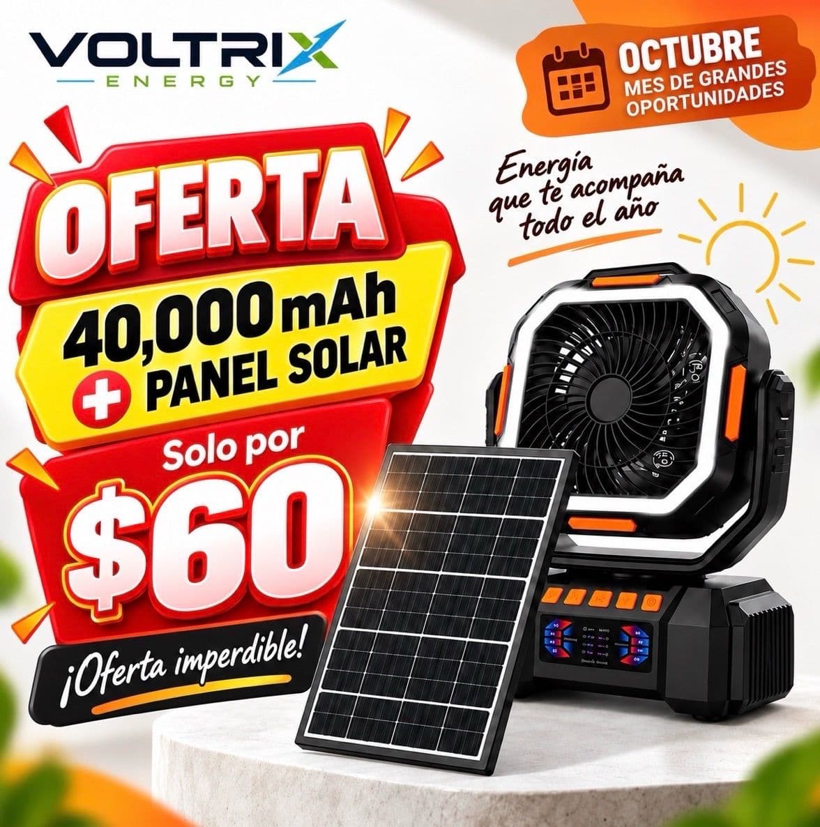 40,000mAh | Portable Fan with LED, Solar Panel & Remote Control