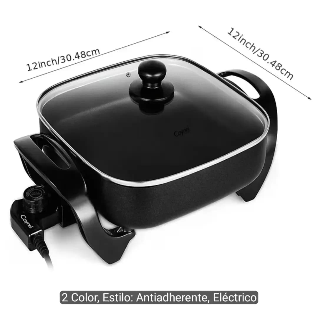 Sartén Eléctrico de Cerámica Antiadherente 12" x 12" con Tapa de Vidrio – 1400W
