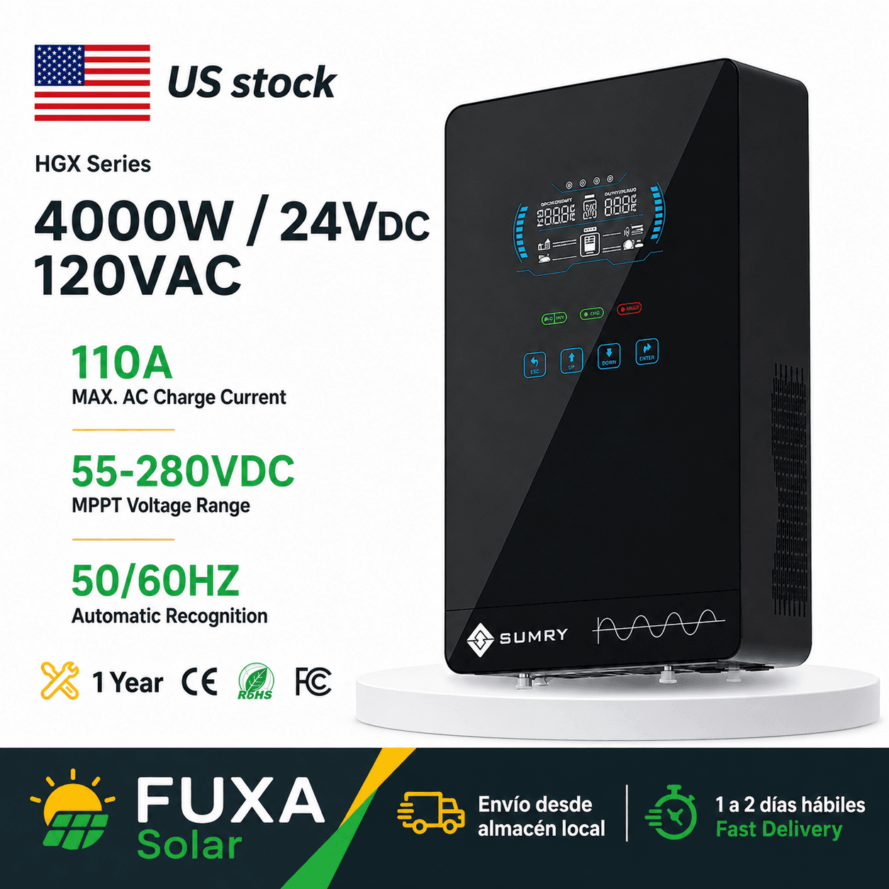 Inversor Solar SUMRY 4000W 24V Onda Sinusoidal Pura con MPPT 140A y Cargador Integrado 120V