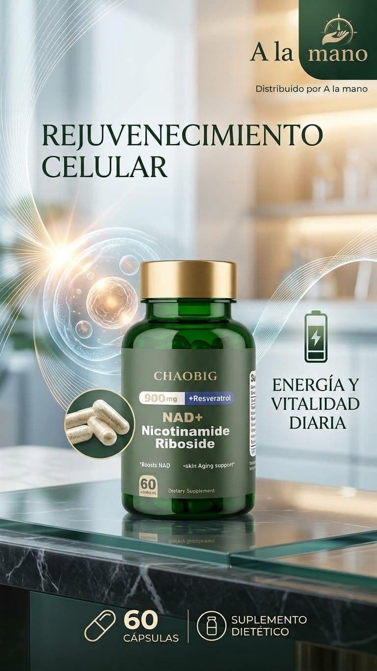 Suplemento alimenticio CHAOBIG NAD+ Nicotinamide Riboside 900 mg + Resveratrol, frasco verde con 60 cápsulas, tapa dorada sellada.