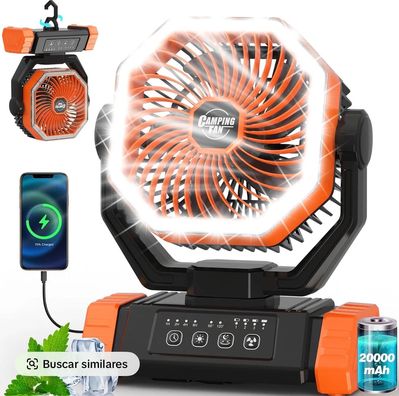 Ventilador recargable portátil HY-8125B en caja original, color negro con detalles naranjas, diseño plegable tipo mesa/uso doméstico, con panel de control integrado.