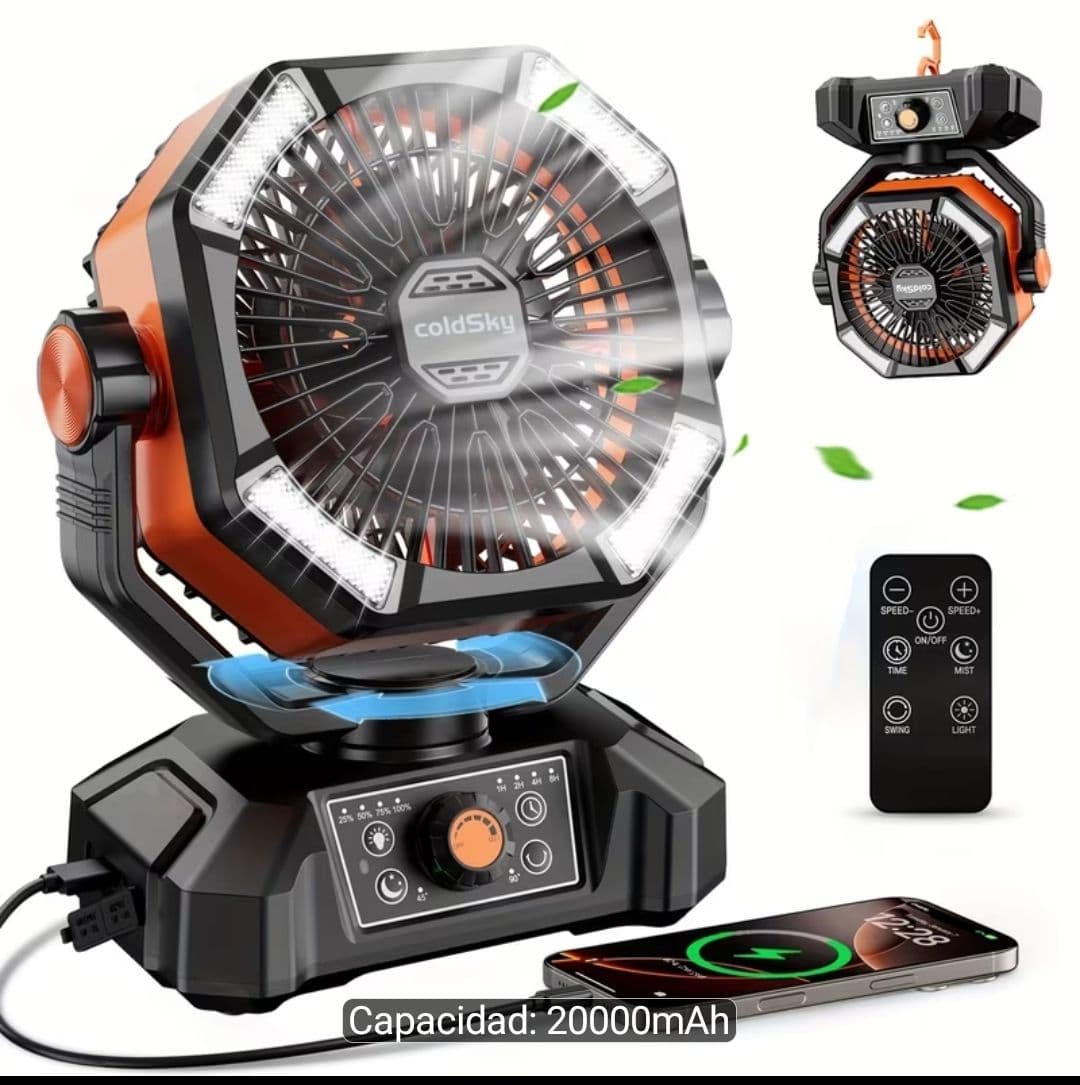 2x Ventilador Portátil ColdSky 20000mAh con 4 Luces LED, Control Remoto y 8 Velocidades (2Pack)