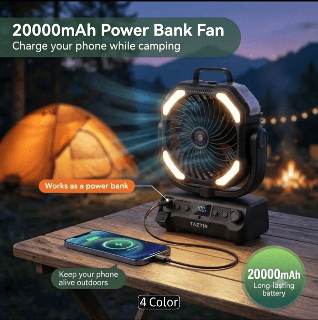 Ventilador portátil TAZTIR modelo YH-F145, 20000 mAh, color negro