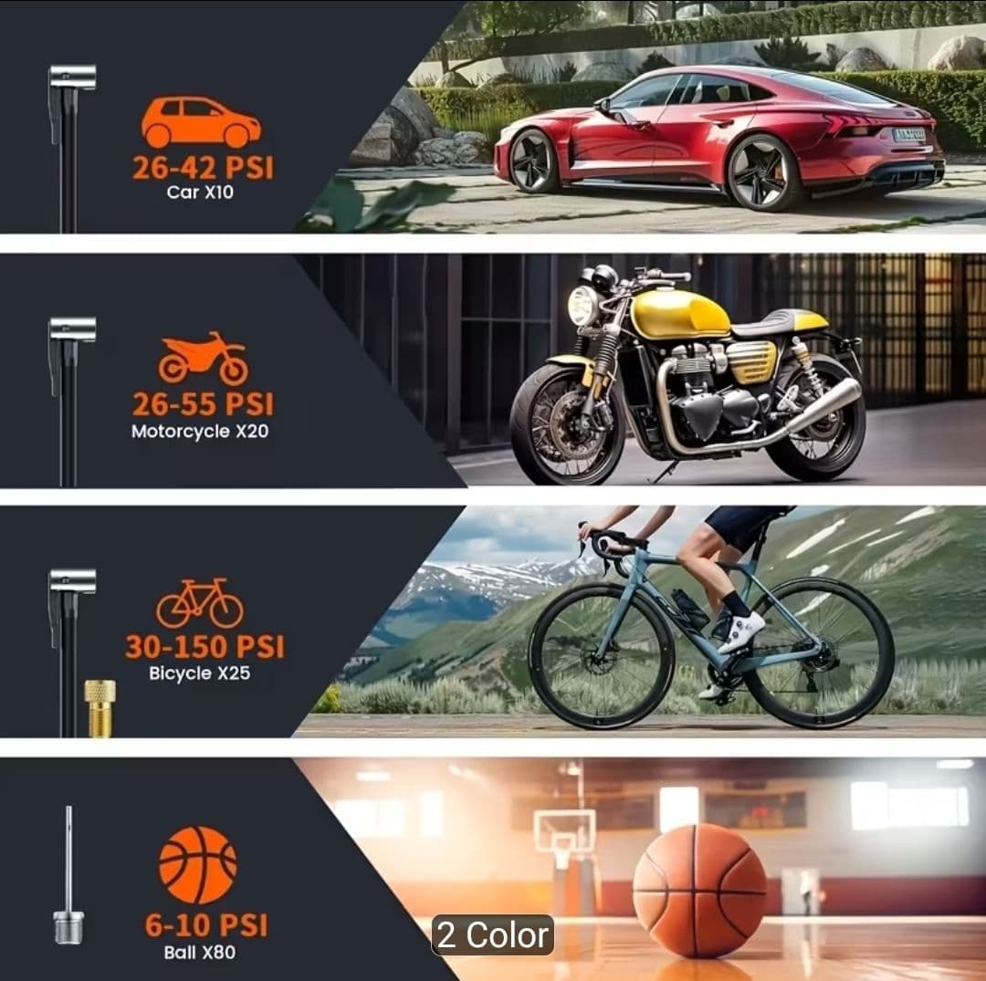 Compresor inalámbrico portátil para inflado de neumáticos, en caja de retail gris/negra con imagen de automóvil; parece incluir función multiactividad y uso automotriz.