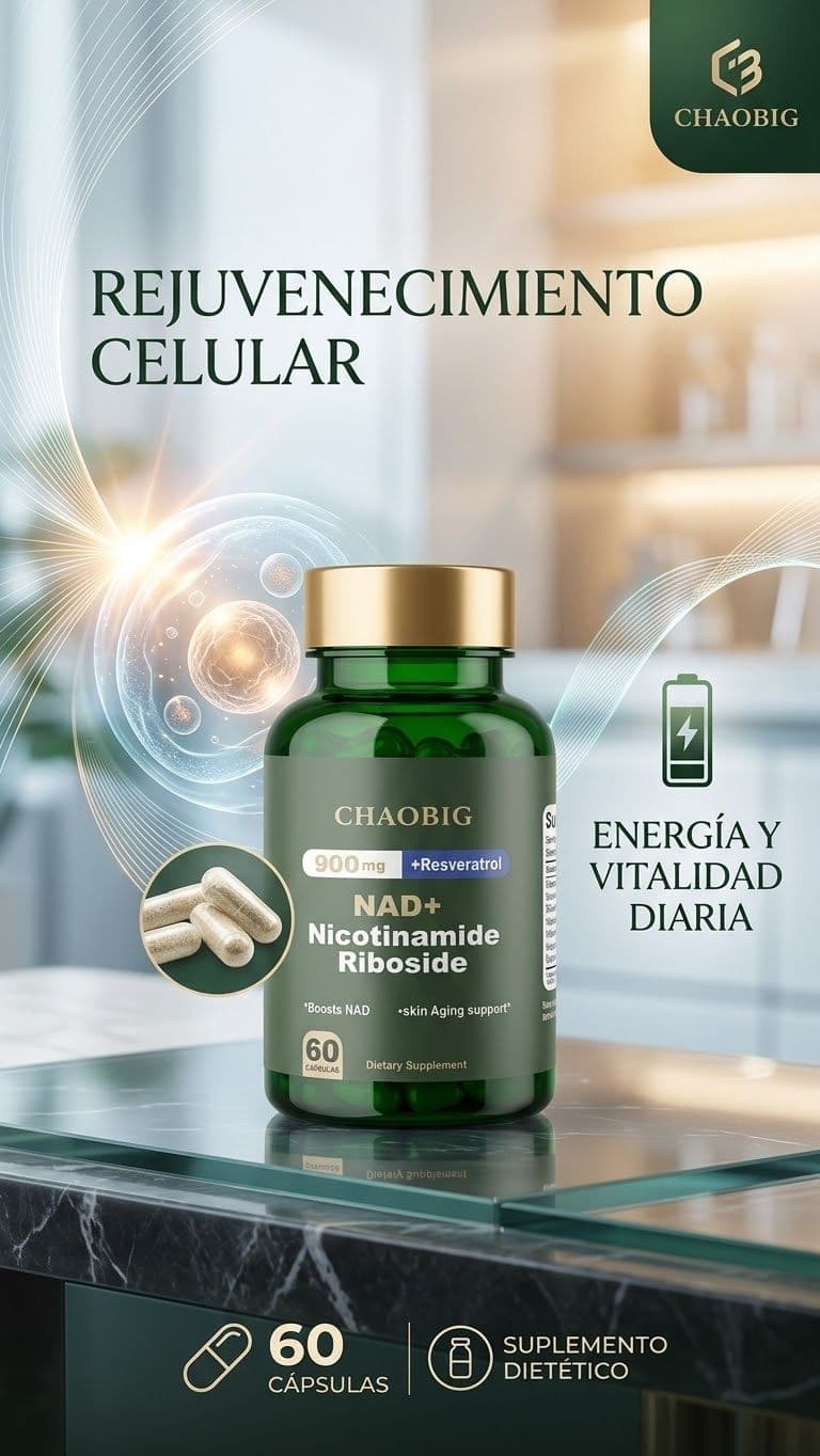 Suplemento alimenticio CHAOBIG NAD+ Nicotinamide Riboside 900 mg + Resveratrol, frasco verde con 60 cápsulas, tapa dorada sellada.