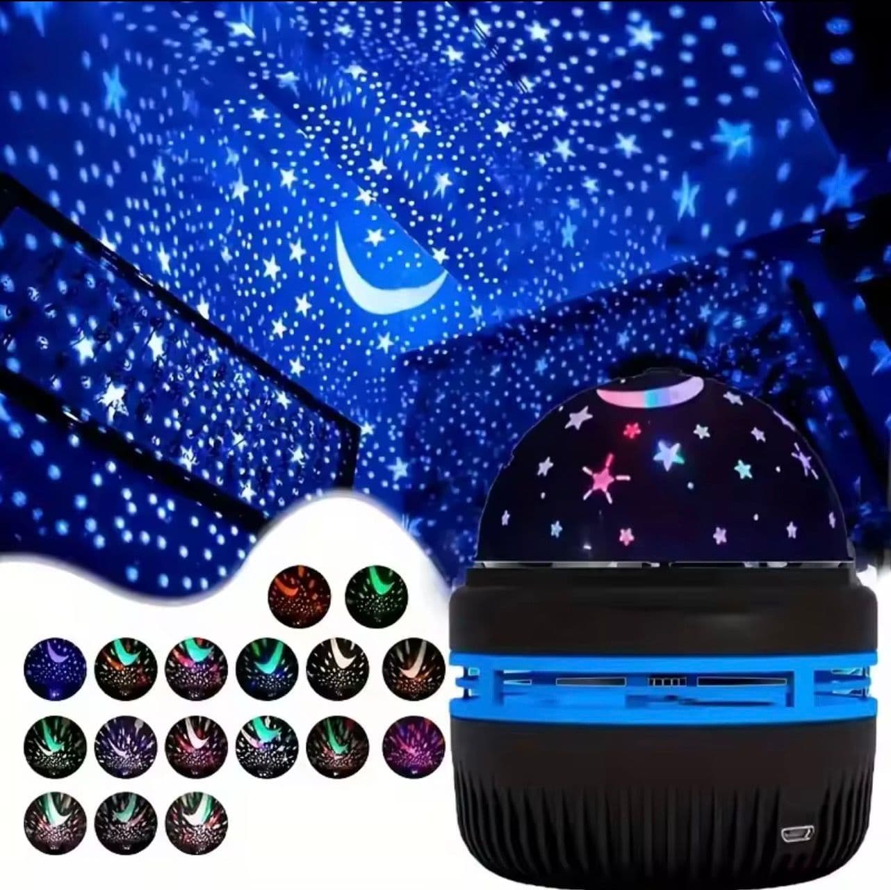 1 paquete de mercancía envuelto en burbuja y 1 caja de luz LED Q6 Star Light, color azul/morado con diseño multicolor, caja de cartón impresa