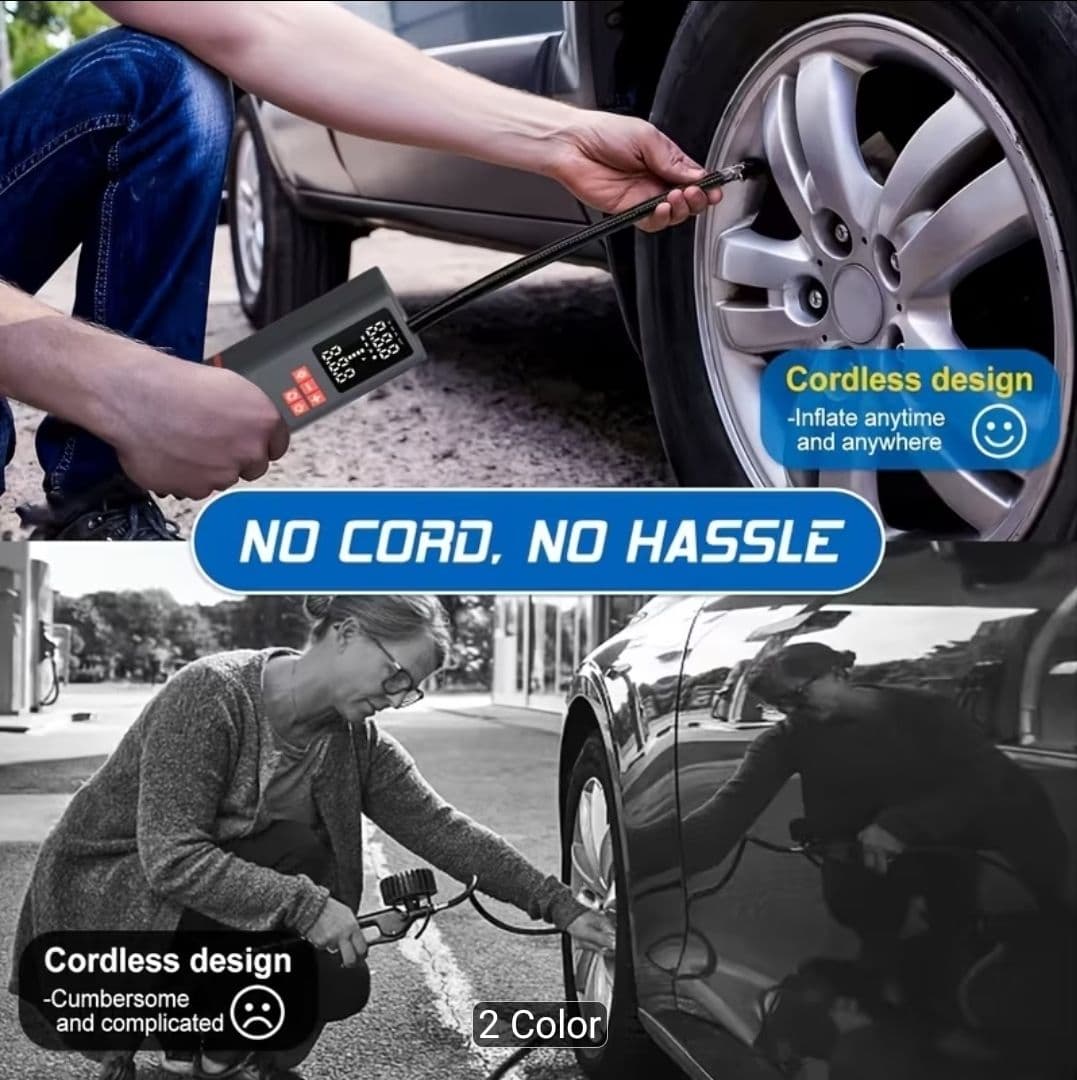 Compresor inalámbrico portátil para inflado de neumáticos, en caja de retail gris/negra con imagen de automóvil; parece incluir función multiactividad y uso automotriz.