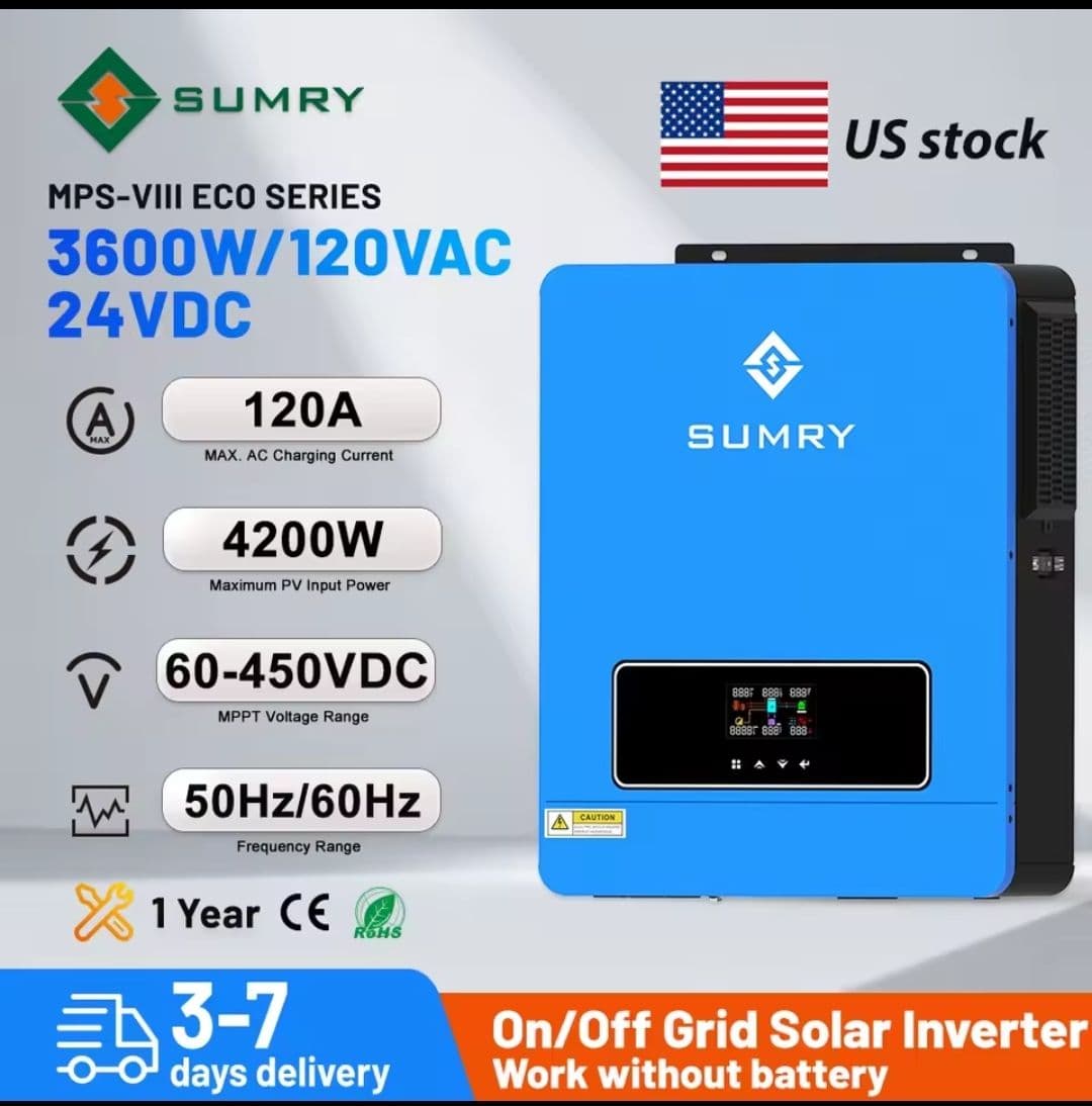 Inversor Solar Híbrido SUMRY 3600W 120VAC 24VDC MPPT 120A (Modelo VICTOR NM-ECO-LV-3.6KW PLUS)